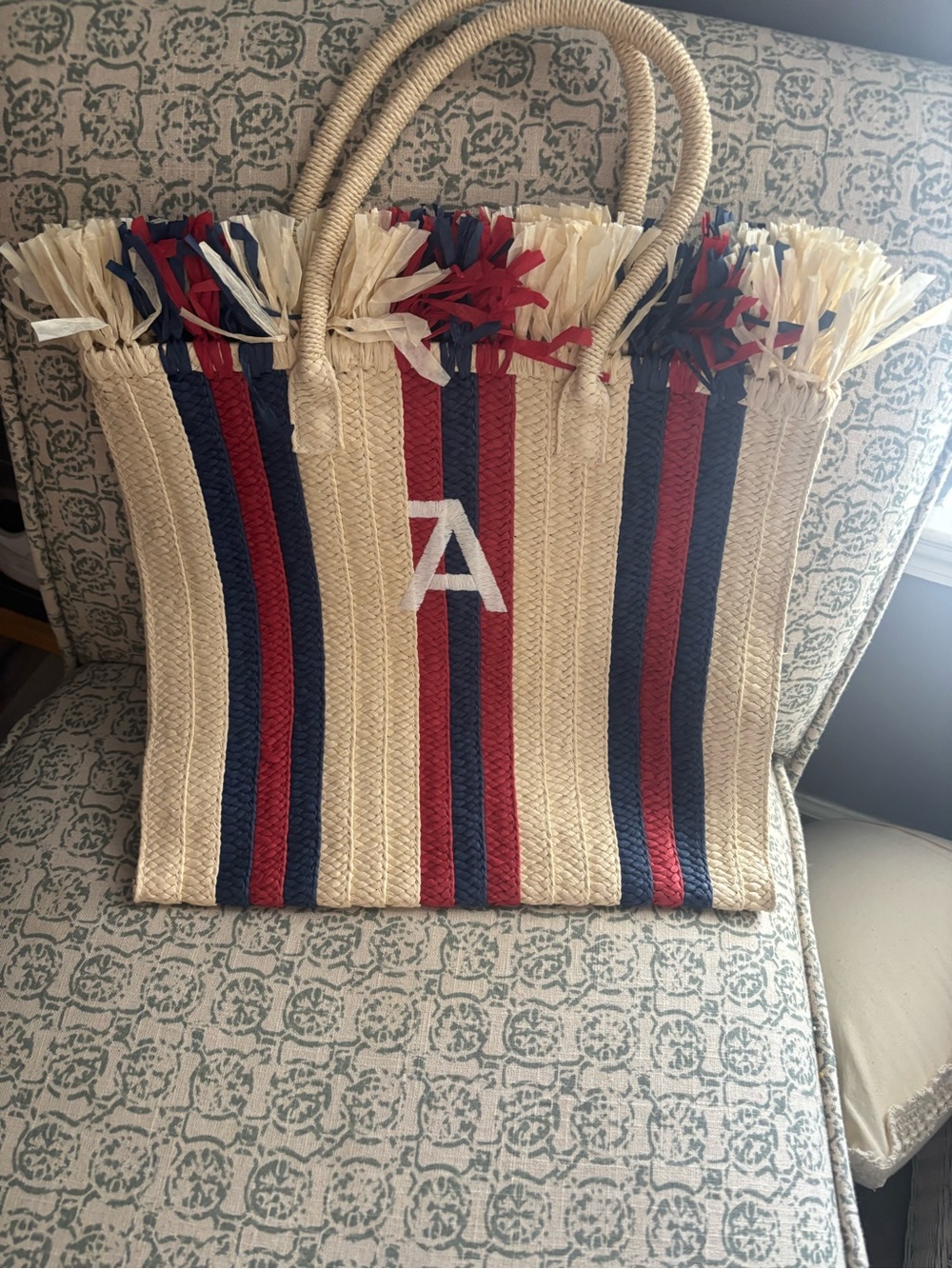 Mark & Graham Beige Straw Tote with Red & Navy Stripes